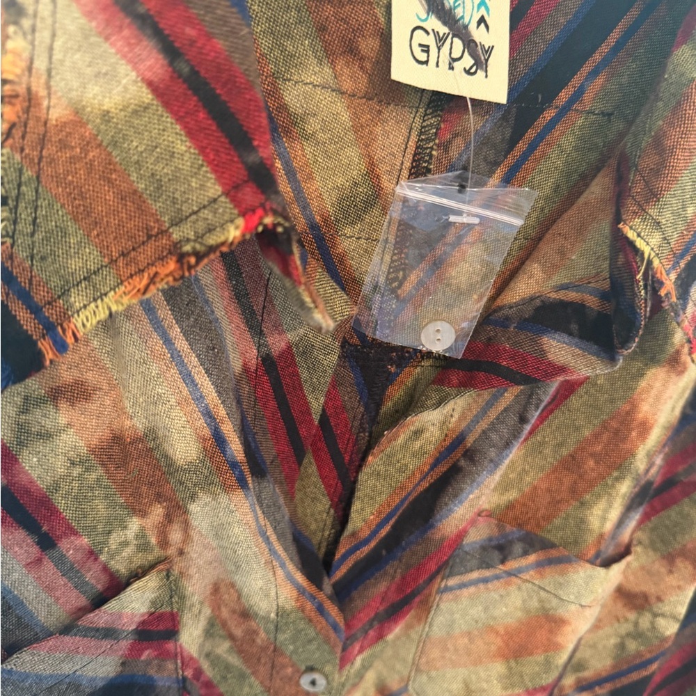 Jaded Gypsy Olive & Red Striped BOHO Button-Up DISTRESSED NEW Shirt S/M $198